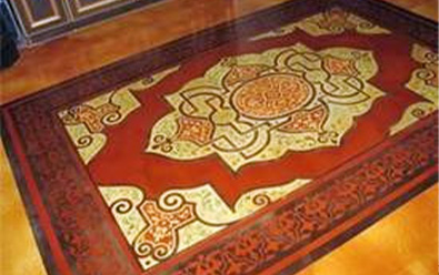 Radiant heated decorative concrete floor.